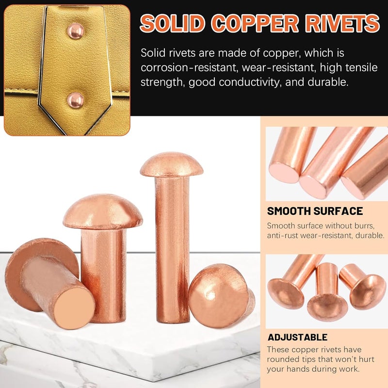 Tanstic 270Pcs Round Head Copper Solid Rivets, M2x4/6/8, M2.5x5/8/10, M3x4/6/10 Solid Copper Rivets Fasteners for Electrical Applications Copper Finish Copper Tone - Image 3